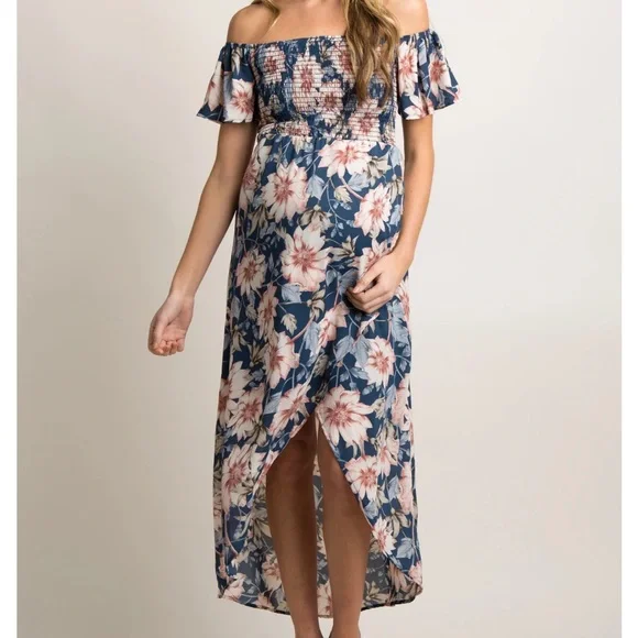 Blue Floral Off Shoulder Smocked Wrap Maternity Dress - Picture 1 of 2